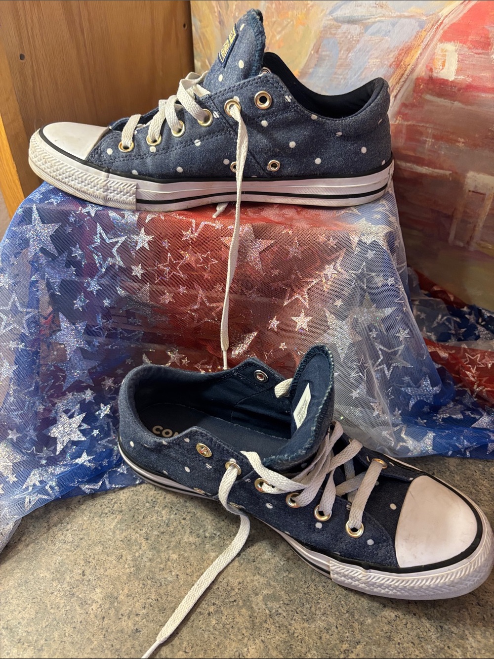 Women’s Converse Navy Polka Dot Low Top Sneakers - Picture 3 of 6